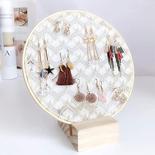 Bluecell World Earring Holder for Girls, Gold & White Lace Handmade Wood Earring Jewelry Hanging Organizer for Lady Women Display Decor with Wood Stand on Table/Wall Hanging (21CM-LACE)