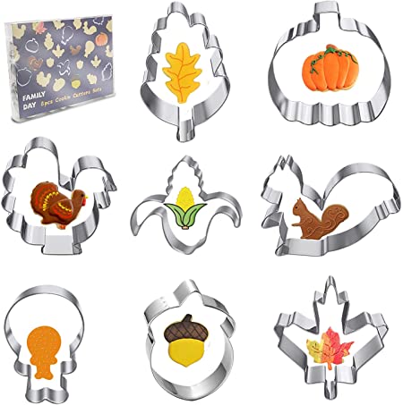 Fall Thanksgiving Large Cookie Cutters Set - 8 Pcs - Pumpkin, Turkey, Maple Leaf, Oak Leaf, Turkey Leg, Squirrel and Acorn, Corn - Stainless Steel Biscuit Fondant Cutters