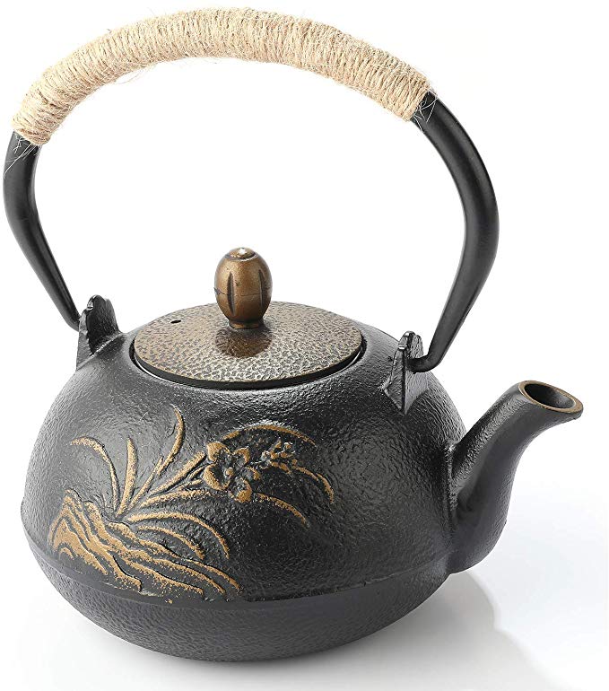 Cast Iron Kettle cast iron teapot, Japanese Style Teapot Black Cast Iron Enamel Carving Orchid Cast Iron Teapot 32 oz