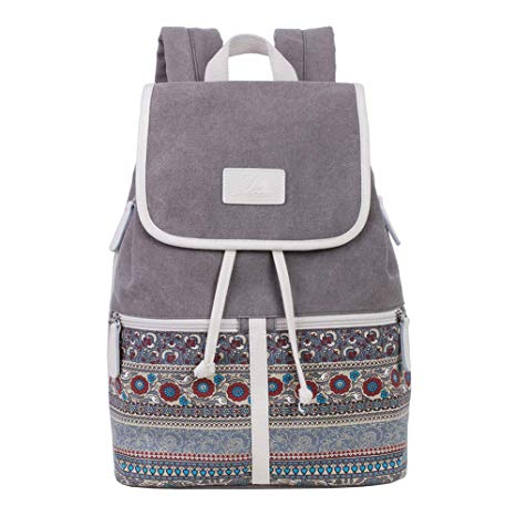 Canvas Backpack for Women, Traveling School Daypacks Flap & Drawstring Closures - Gray
