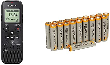 Sony ICD-PX370 Mono Digital Voice Recorder with Built-In USB, 4 GB Memory, SD Memory Slot, 55 Hours Recording & Amazon Basics AAA Performance Alkaline Batteries [Pack of 20] - Packaging May Vary