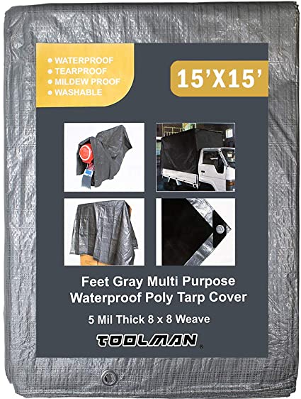Toolman 15 x 15 Feet Gray Multi Purpose Waterproof Poly Tarp Cover 5 Mil Thick 8 x 8 Weave QTHT008A