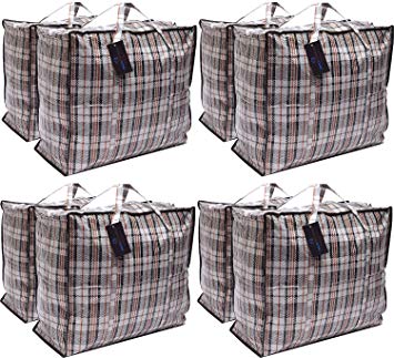 DECO EXPRESS Pack of 8 X Large STRONG Storage Laundry Shopping Bags - XL Moving Bags with Zipper & Handles Checkered - Reusable Store Zip Bag