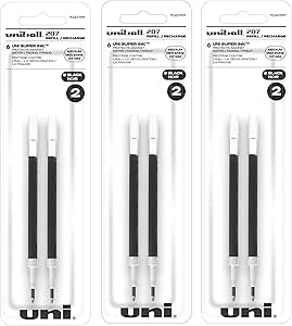 Uniball Signo 207 Gel Pen Refills, 0.7mm Medium Point, Black Ink, 6 Refills