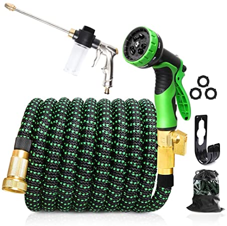 Upgraded Expandable Garden Hose, 50 FT, 3/4" Solid Brass Connectors, 10 Function Spray Hose Nozzle, Leak Proof and Lightweight Retractable Water Hose