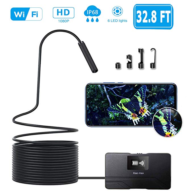 Xiaomax Wireless Endoscope, WiFi 1080P HD Borescope Inspection Camera 2.0 Megapixels Semi-Rigid Snake Camera, Waterproof 6 Adjustable LEDs Support iOS/Android Smartphone, iPhone, Samsung, Tablet (10M)