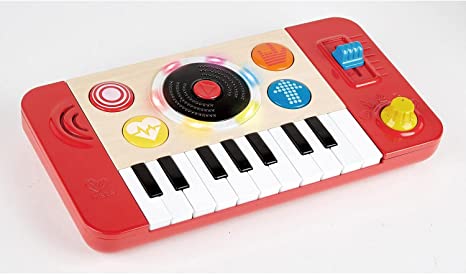 Hape Kids Portable DJ Mix and Spin Studio Music Toy Playset with Lights, Sound, and 18 Key Keyboard for Kids Ages 1 to 5 Years , Red