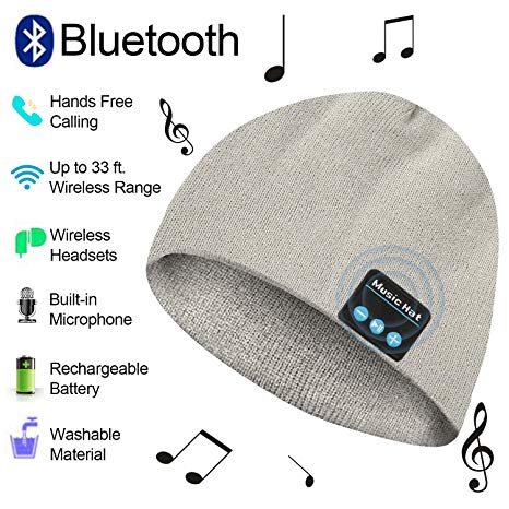 Bluetooth Hat, Bluetooth Beanie Men Women, Wireless Music Hat with Built-in Stereo Speakers Fit for Outdoor Sports, Christmas (Grey)