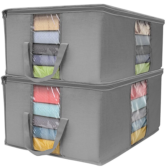 Sorbus Foldable Storage Bag Organizers, Large Clear Window & Carry Handles, Great for Clothes, Blankets, Closets, Bedrooms, and more (Square Storage Bag - 2 Pack, Gray)