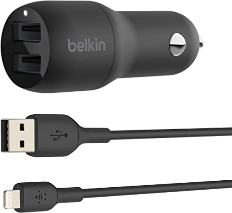 Belkin Dual USB Car Charger 24W   Lightning Cable (Boost Charge Dual Port Car Charger, 2-Port USB Car Charger) iPhone Car Charger, iPad Car Charger, AirPods Car Charger (CCD001bt1MBK)