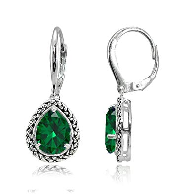 Sterling Silver Genuine, Simulated, or Created Gemstone Pear-Cut Oxidized Rope Dangle Leverback Earrings