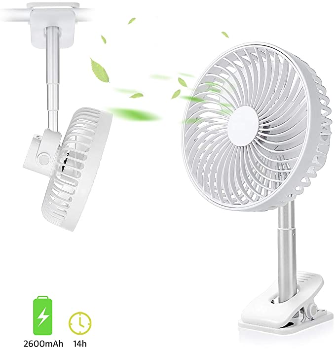 Small Portable Desk Fan with Clip: Quiet Oscillating Air Circulator Fans for Bed Office Tent,White Mini Floor Table Fan with 2600mAh Rechargeable Battery,Adjustable Bedroom Accessories,4 Speed,2 Timer