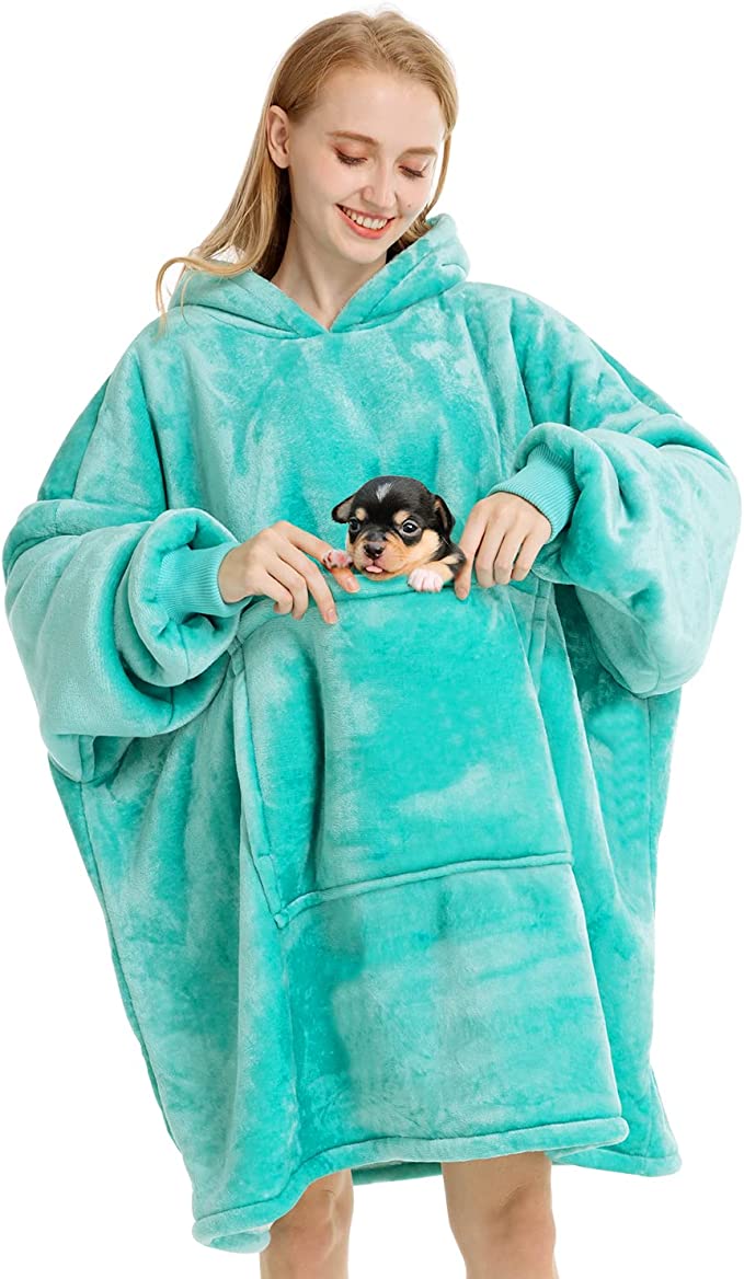 Wearable Blanket Hoodie,Oversized Sherpa Sweatshirt Blanket with Hood Pocket and Sleeves,Cozy Soft Warm Plush Hooded Blanket for Adult Women Men Teens,One Size Fits All(Teal)