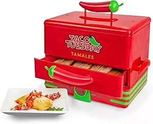 Nostalgia Taco Tuesday Tamales Steamer - Veggie, Pot Sticker, Hot Dog, Egg, & Hot Tamale 2 Tier Food Steamer – Red and Green