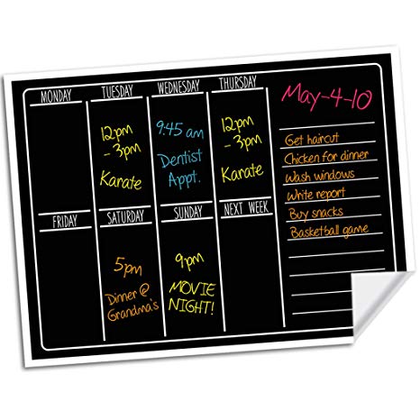 Dry Erase Chalkboard Wall Calendar - 15" x 11" - Refrigerator Home & Kitchen Sticker Menu Board - Non Magnetic Reusable Chalk Board Vinyl Decal - Black Fluorescent Custom Weekly Calendar Planner