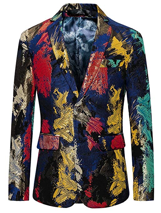 MOGU Mens Blazer with Colourful Irregular Pattern Slim Suit Jacket
