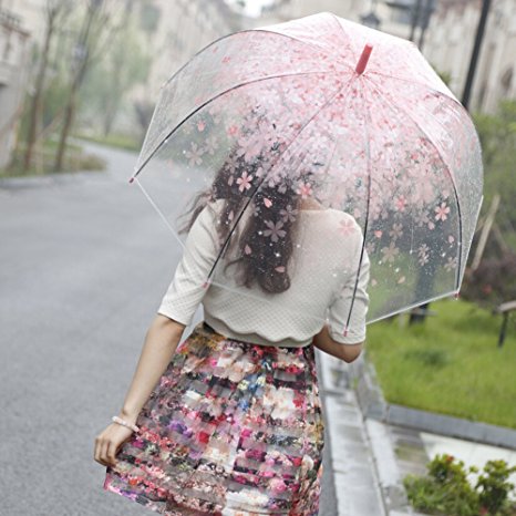 [Pink Cherry]Moonse Romantic Pink Cherry Clear Rain Wind Umbrella,Half-Automatic