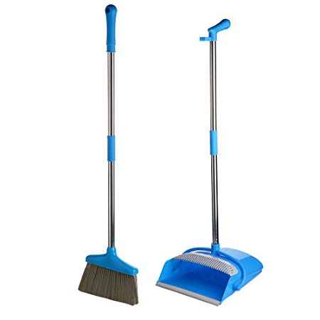 Broom and Dustpan Set for Office and Home Standing Upright Sweep Use Long Handle Dustpan and Lobby Broom for Office and Home Sweep Quick Sweeping Standing Sweep Set with Broom (Blue)