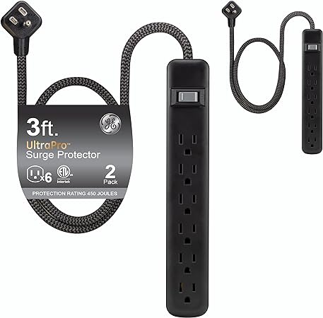 GE UltraPro 6-Outlet Surge Protector, 2 Pack, 3ft Braided Cord Power Strip Surge Protector, Surge Protector Power Strip, 450 Joules, Black, 74544