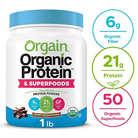 Orgain Organic Plant Based Protein   Superfoods Powder, Creamy Chocolate Fudge - Vegan, Non Dairy, Lactose Free, No Sugar Added, Gluten Free, Soy Free, Non-GMO, 1.12 lb