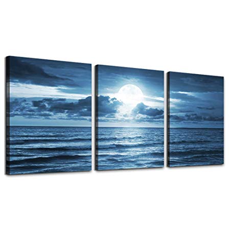 3 Piece Canvas Wall Art Living Room - Blue sea View The Moon Landscape - Modern Home Decor Room Stretched Framed Ready to Hang - 12"x16"x3 Panels Ocean