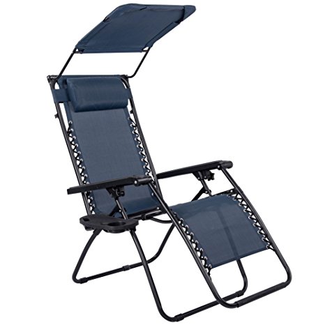 Sundale Outdoor Folding Zero Gravity Reclining Lounge Chair with Canopy, Neck Pillow and Side Tray, Navy Blue