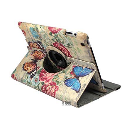 FOME 360 Degrees Rotating Stand PU Leather Flip Case Cover for iPad 2 3 4 Butterfly and Peony  A FOME Clean Cloth Gift