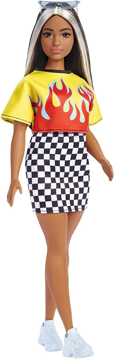 Barbie Fashionistas Doll, Curvy, Long Highlighted Hair & Flame Crop Top, Checkered Skirt, Sneakers & Sunglasses, Toy for Kids 3 to 8 Years Old