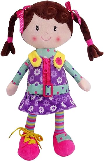 Sugar Snap Plush Doll for Toddlers Learn to Dress Montessori Toy - Dress Me Doll - Zipper, Snaps, Buttons, Buckle - Educational Toy for 2 3 Year Old Girl - Montessori Doll - 15" - Purple Dress
