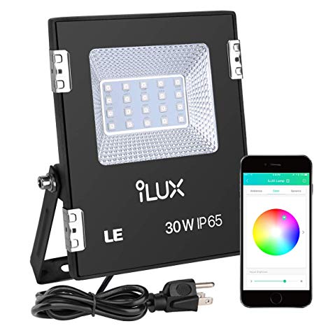 LE iLUX Smart LED Flood Light, Outdoor Plug in, 30W RGB, Dimmable, IP65 Waterproof, Bluetooth Remote Control for iOS and Android, Color Changing with Music, Floodlight for Home, Garden, Balcony, Tree