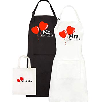 Mr. and Mrs. Aprons Est. 2019, Couples Wedding Engagement Gifts, His Hers Bridal Shower Gift Set, With Gift Bag By Let the Fun Begin