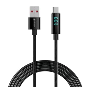 Portronics Konnect View 66W Type C Cable with LED Display 6.5A Output, Nylon Braided, Fast Data Sync, 1.2M Length, Tangle Resistant(Black)