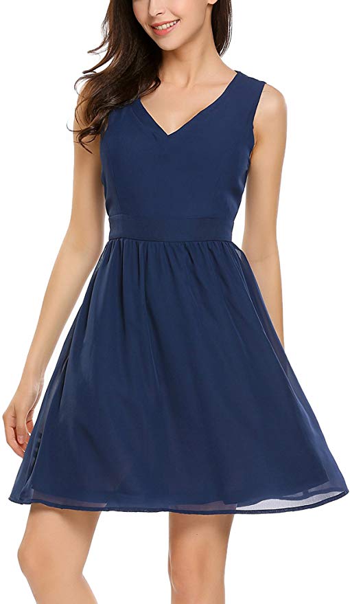 Beyove Women's Summer Chiffon Sleeveless Pleated Cocktail Party Flared Swing Dress