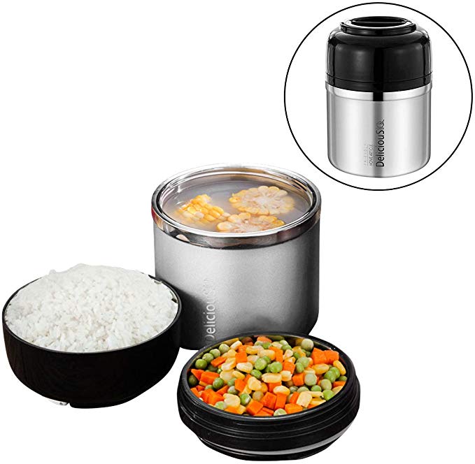 Bento Box for Kids and Adults with 2 Layers Leak-proof Food Containers with Handle Insulated Stainless Steel Lunch Boxes Food Jar Stay Hot 5h (Steel Color)
