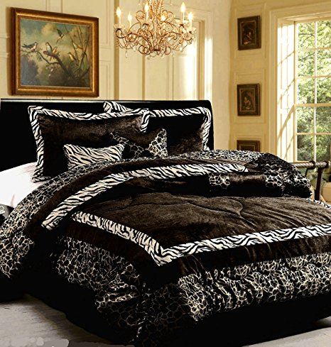 Dovedote 7 Piece Safari Zebra Animal Print Comforter Set, Queen, Black White