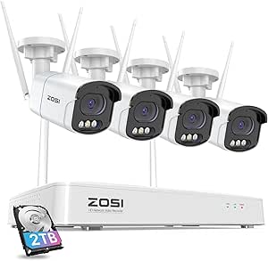 ZOSI 4MP Kit Videosorveglianza WiFi Esterno, 4X Telecamera Bullet, H.265  8CH 2TB NVR, Visione Notturna a Colori, Rilevazione di Persone, Audio Bidirezionale, Allarme Intelligente