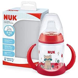 NUK First Choice  Trinklernflasche 6–18 Monate 150 ml Temperature Control Anzeige auslaufsichere Trinkschnabel Ergonomische Griffe BPA-frei Waschbär rot