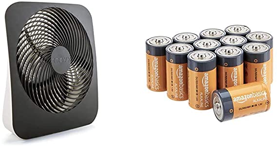 Treva 10-Inch Portable Desktop Air Circulation Battery Fan - 2 Cooling Speeds - With AC Adapter & AmazonBasics D Cell 1.5 Volt Everyday Alkaline Batteries - Pack of 12