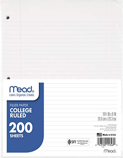Mead Loose Leaf Paper, Filler Paper, College Ruled, 200 Sheets, 10-1/2" x 8", 3 Hole Punched, 1 Pack (15326)