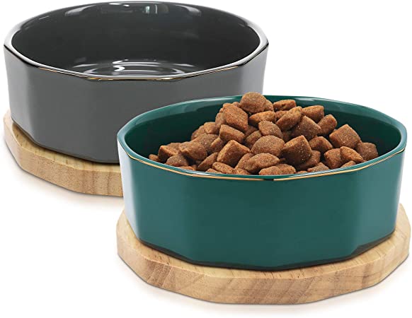 Navaris Ceramic Dog Bowls (Set of 2) - 16.9oz (500ml) Water or Food Bowl for Pet Dogs and Cats with Non Slip Real Oak Wood Underlay - Stylish Design