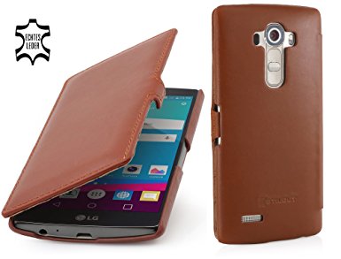 StilGut Book Type with Clip, Genuine Leather Case, Cover for LG G4 & G4 Verizon, Cognac Brown