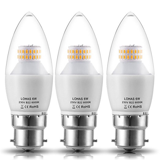 LOHAS® C37 6Watt B22 LED Candle Bulbs Bayonet Clear, 60Watt Incandescent Bulb Equivalent, 550lm, Day White 6000K, Non Dimmable, Candle Light Bulbs, 220-240V AC, Pack of 3 Units