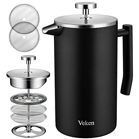 Veken French Press Double-Wall 18/10 Stainless Steel Coffee & Tea Maker, Multi-Screen System, 2 Extra Filters Included, Rust-Free, Dishwasher Safe, (1L), Black