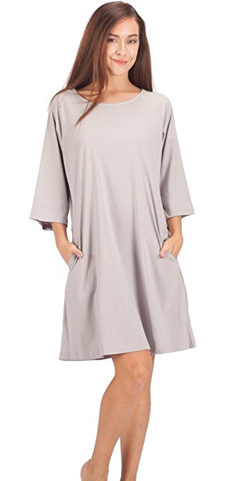 WEWINK CUKOO Women’s 100% Cotton Nightshirt 3/4 Sleeves Pockets Sleepshirt Loose Sleep Dress
