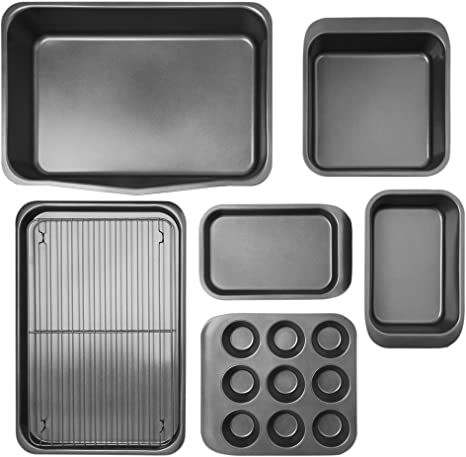 VonShef 7pc Smart Storage Bakeware Set – Stackable Non-Stick Baking Set – Includes Roasting Pan, Square Cake Tin, Loaf Tin, Muffin Tray, Two Baking Trays & Rack