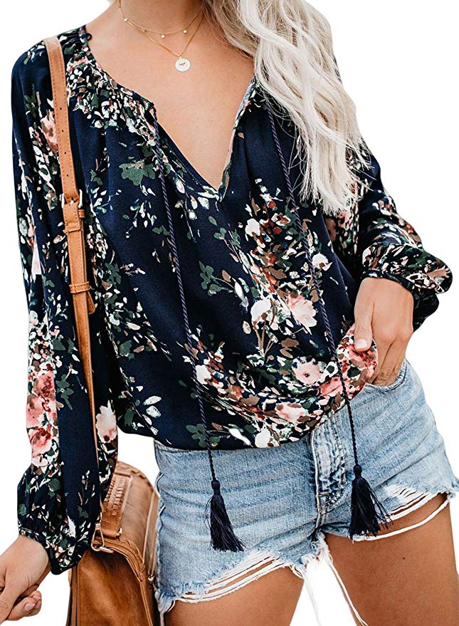 FARYSAYS Women's Casual Boho Floral Print V Neck Long Sleeve Shirts Tops Loose Blouses