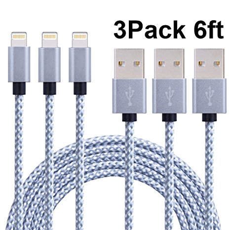 iPhone Cable,Akaho 3Pack 6FT Nylon Braided Cord Lightning Cable Certified to USB Charging Charger for iPhone 7/7 Plus 6/6S Plus 5S/5C/5, iPad Pro/Air 2,iPod Nano 7th gen (Gray White)