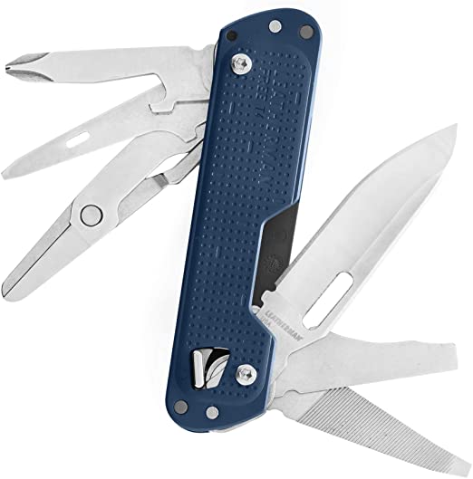 LEATHERMAN, FREE T4 Multitool and EDC Pocket Knife with Magnetic Locking and One Hand Accessible, Built in the USA, Navy Blue