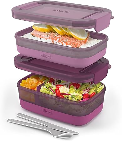 Ello 2-Pack Bento Box Lunch Stack Plastic Food Storage Container, Raspberry, Leak-Proof, BPA-Free, Freezer, Microwave and Dishwasher Safe