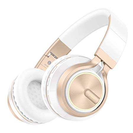 Picun Wireless Bluetooth Headphones 20 Hrs Over Ear, Romantic LED Light HiFi Stereo Headset with HD Mic & Bag, Foldable, Soft Protein Earpad, Wired/TF Mode for Phone PC Cellphone Tablet (White Gold)